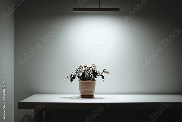 Fototapeta A minimalist interior with a plant illuminated by a lamp on a table.