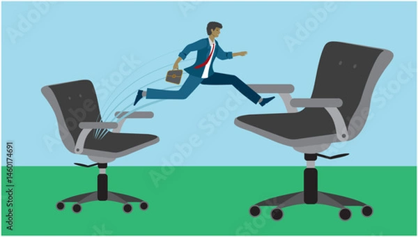 Obraz Man taking a big jump in career. New and better job and promotion. One chair bigger than the other. Jumping to new life and position. Dimension 16:9. Vector illustration.