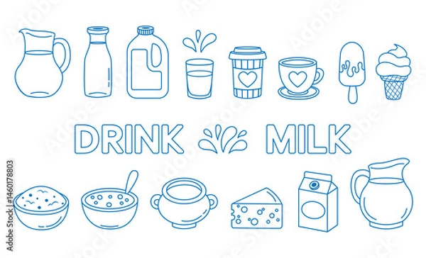 Obraz A set of hand drawn pictures of milk in different packages. Milk icons. Vector illustration