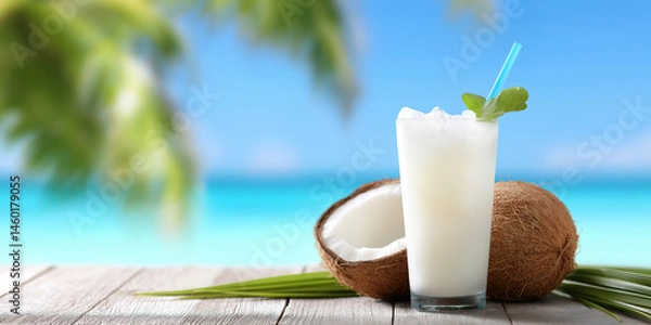 Fototapeta A refreshing drink made from coconut milk is served in a glass with a straw. The drink is accompanied by a piece of coconut shell, adding a tropical touch to the scene. The image captures a relaxing