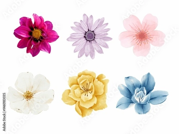Obraz Collection of colorful flowers isolated on white background for graphic fabric design.
