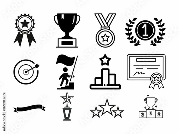 Obraz Collection of certificate, badge, goal, cup, flag badge, trophy icon isolated on white background.