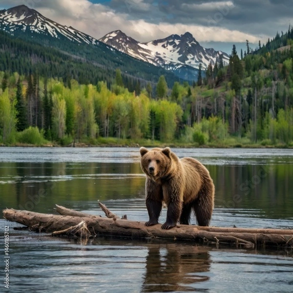 Fototapeta Grizzly bear on log, serene mountain river