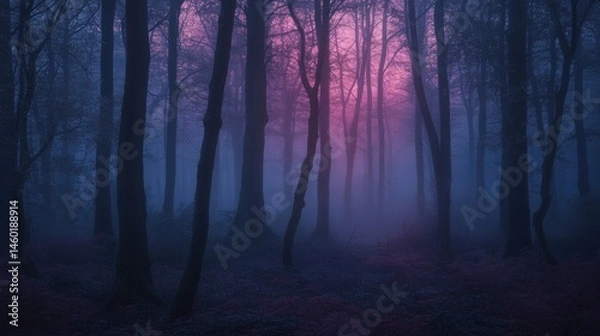 Obraz Mysterious, misty forest scene at twilight.