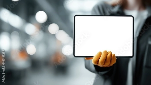 Fototapeta Person in Yellow Gloves Holding Tablet with Blank Screen in Industrial Setting