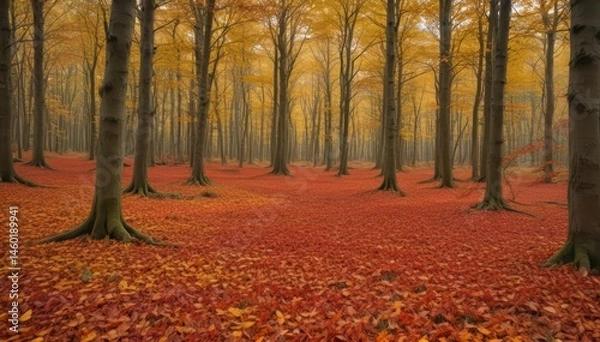 Fototapeta A carpet of crimson, gold, and russet leaves blankets the forest floor , woodland, still life