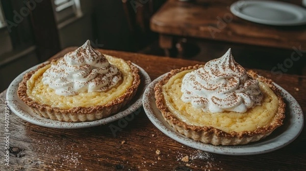 Fototapeta Two creamy custard tarts topped with whipped cream and cocoa powder, served on white plates on a rustic wooden table