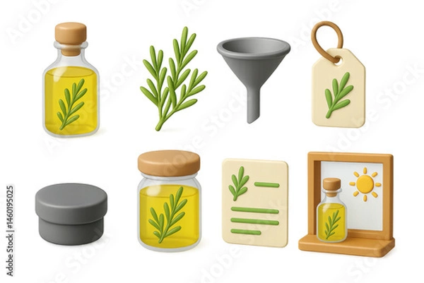 Fototapeta Herbal oil bottles and greenery in whimsical design elements