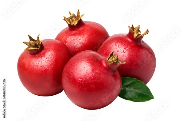 Fototapeta group of fresh ripe pomegranates with leaves isolated on white
