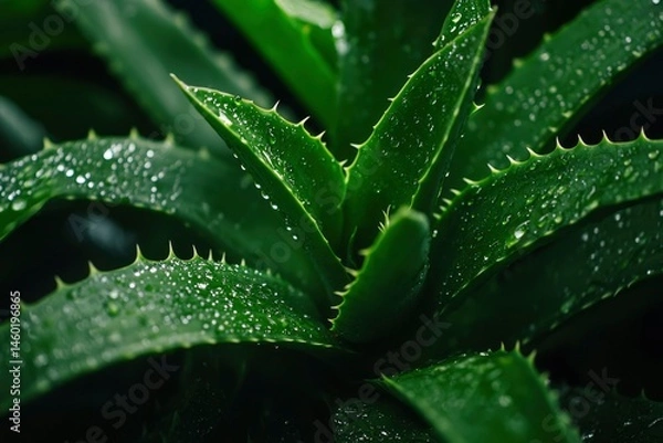 Fototapeta Vibrant aloe plant with moisture droplets, showcasing texture and lushness in dark green hues