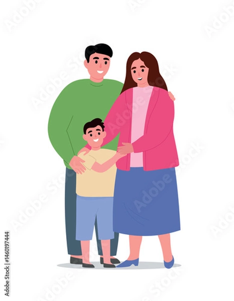 Fototapeta Family standing together. Mom, dad, son are happy, hugging, supporting each other. Vector flat graphics.