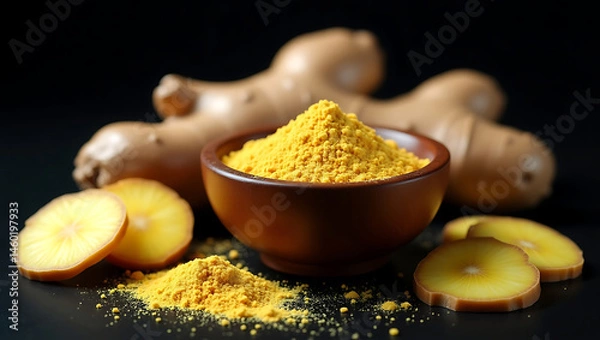 Obraz Fresh Ginger and Ground Ginger Powder on Black Background – Natural Spice and Health Remedy