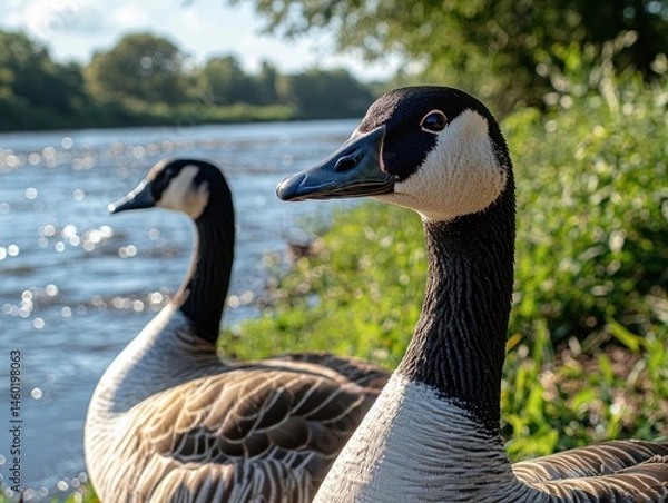 Fototapeta Two geese by a river, one in sharp focus, the other blurred in the background. Sunlight glistens on the water
