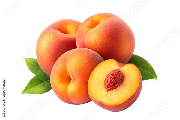 Fototapeta  ripe peaches whole and halved with green leaves isolated on white