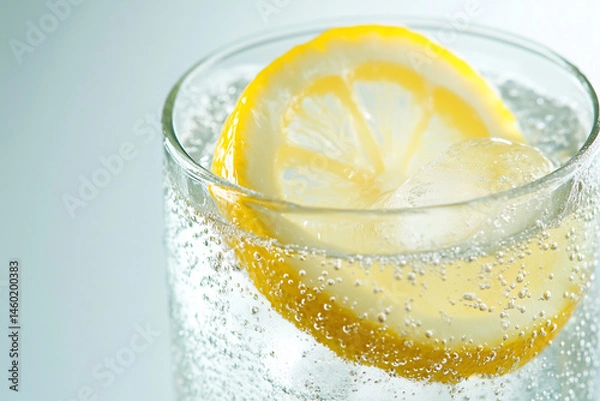Fototapeta Glass of sparkling lemonade with a slice of lemon and ice cubes, creating a refreshing summer drink