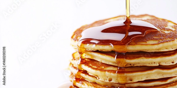 Fototapeta Maple syrup cascading over golden pancake stack, creating mouthwatering breakfast indulgence