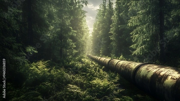 Fototapeta Rustic pipeline path through dense forest.