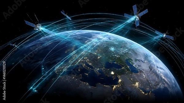 Fototapeta A view of earth with satellites orbiting and light beams connecting to the surface