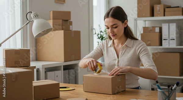 Obraz Woman packing a box in an organized workspace  