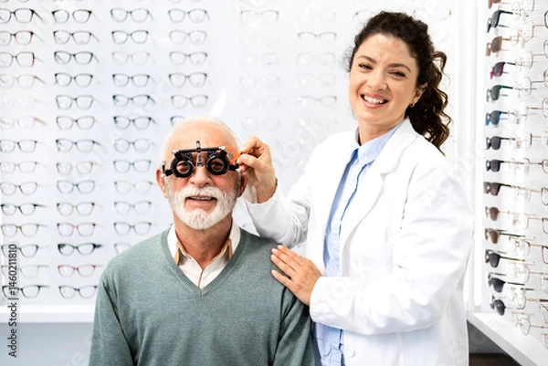 Obraz Portrait of smiling female optometrist and senior patient at eye clinic preparing for eyesight examination.