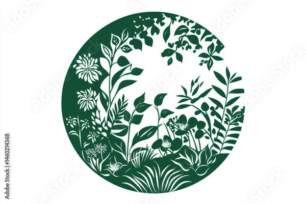 Fototapeta This minimalistic circular logo showcases the elegance of nature with flat-color illustrations of green plants and flowers set against a crisp white background, creating a fresh visual identity