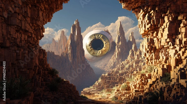 Fototapeta In a dreamlike desert canyon formed from pixel-like stone structures, a massive, hyper-realistic eyeball looms between jagged peaks, evoking an uncanny blend of organic and synthetic forms