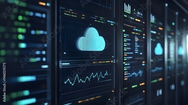 Fototapeta Modern server rack displays with cloud computing data.