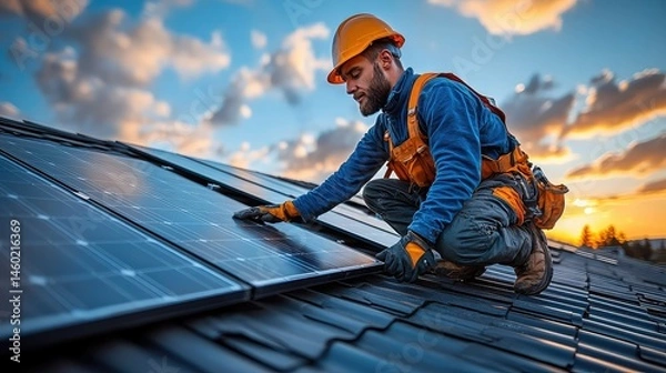 Fototapeta Solar panel installer rooftop sunset.