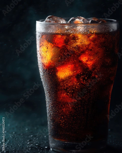 Fototapeta Tall glass of cola with ice cubes on dark background