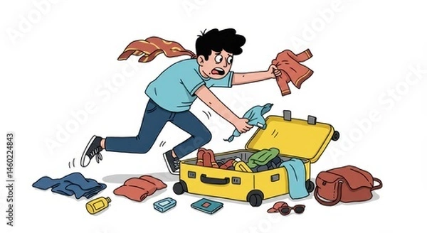 Fototapeta The frantic packing: A humorous illustration of a person desperately trying to fit everything into an overflowing suitcase before a trip, showcasing chaos and last-minute travel stress