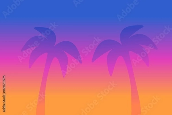 Fototapeta A vibrant gradient background featuring tropical palm tree silhouettes in shades of blue, pink, and orange. Inspired by retro aesthetics and modern gaming visuals
