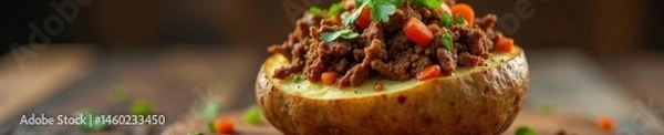 Fototapeta Rustic baked potato halved, topped with shredded seasoned beef , dinner, main course