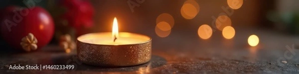 Fototapeta Shimmering metallic bands adorn candle, creating soft, reflective glow , home decor, centerpiece, glow