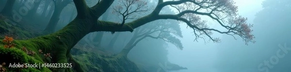 Fototapeta Serene stillness, fog clinging to moss-covered branches , silent, tranquil