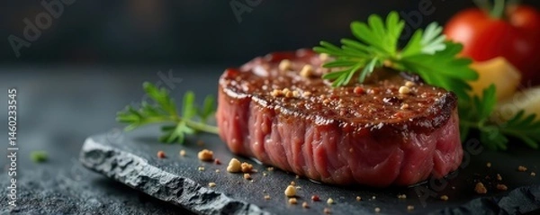 Fototapeta Seared beef rump steak, seasoned, rests on a black slate table , appetizing, rustic, nutrition