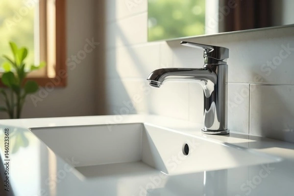 Fototapeta Sleek chrome faucet, pristine sink, sunlit bathroom , clean, spa, shadow