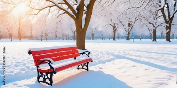 Fototapeta Snow-covered park bench, pristine white blanket , monochrome, snowy