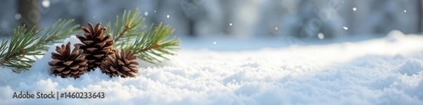 Fototapeta Soft white blanket strewn with pine cones, natural winter scene, closeup, nature, sleep