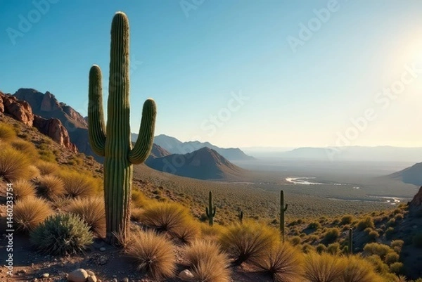 Fototapeta Towering saguaro cactus in stark desert landscape, horizontal, ecology