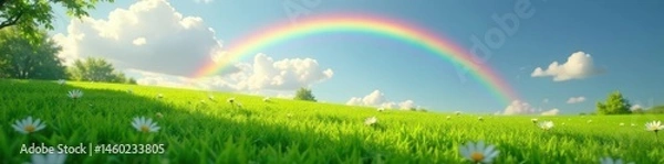 Fototapeta Vibrant green meadow, rainbow arching overhead, spring, sunlight