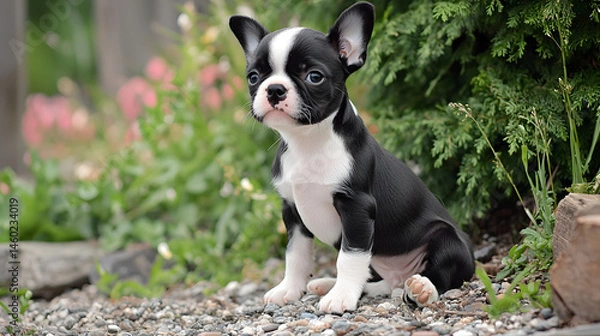Fototapeta A Tiny Black and White Boston Terrier Puppy Sitting Wi F79a7afb 0d51 4dfd 8702 F919892075a5 3