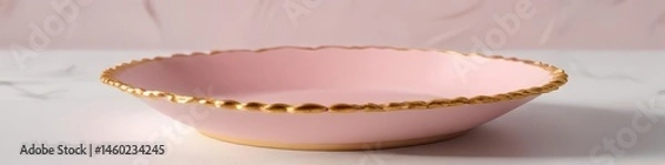Fototapeta A blush pink plate with a gilded edge rests on white , cutlery, crockery, food