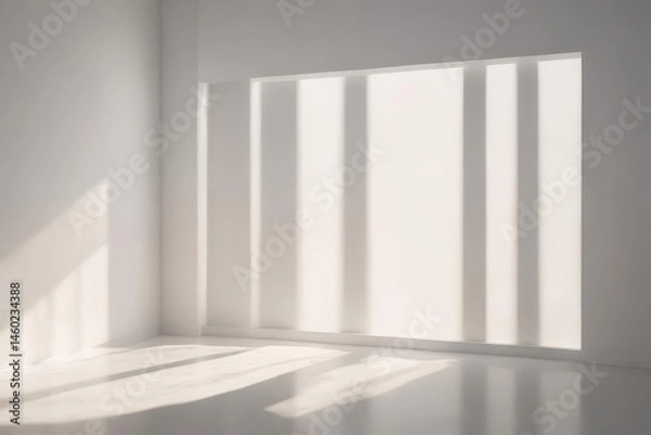 Fototapeta Abstract sunlit window, light and shadow play on white wall, building, design