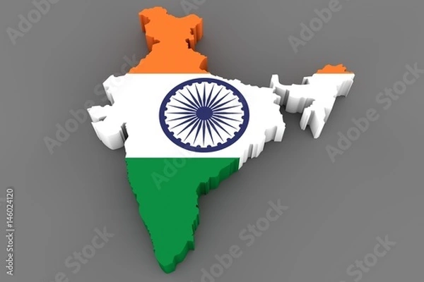 Fototapeta Country shape of India - 3D render of country borders filled with colors of India flag isolated on grey background