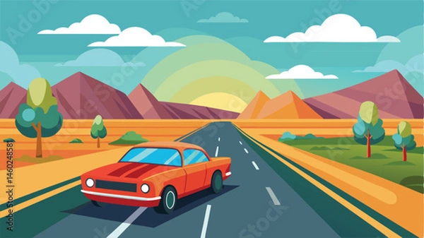 Obraz Journey through rolling hills with a bright orange car on a winding road under a vibrant sky at sunset