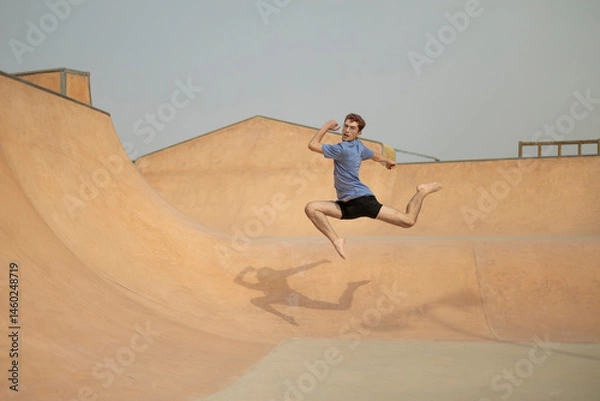 Obraz Dancer performing a jump in a skate park