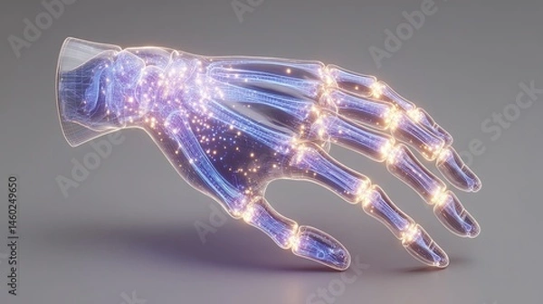 Fototapeta Science x fashion design blending futuristic aesthetics, Futuristic robotic hand with glowing elements and intricate design., where science x fashion meets innovation in wearable art