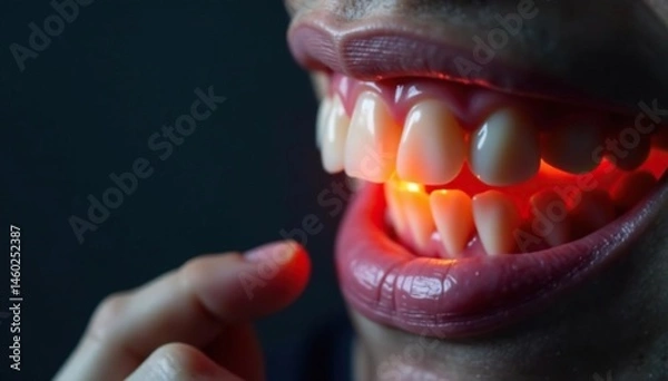 Fototapeta Severe tooth pain, darkened tooth crown showing, toothache, macro, painful