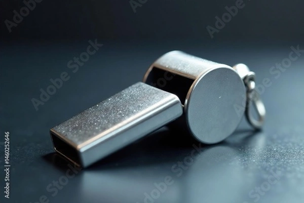 Fototapeta Silver metal whistle, polished surface, single object , alert, signal