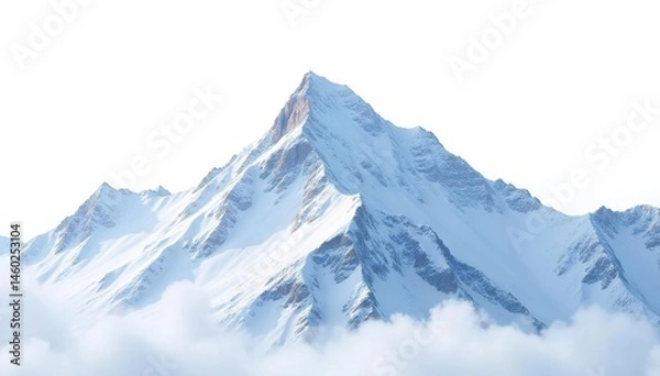 Fototapeta Snow-covered mountain peak, bright white background, light, stock photo